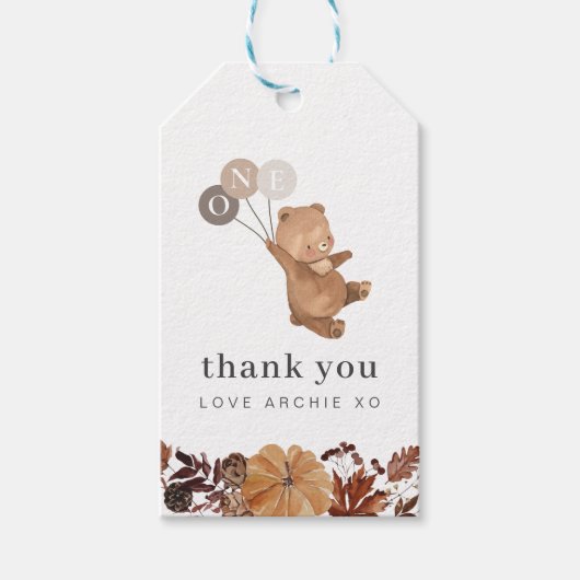 Teddybeer pompoen - 1e verjaardag dank u cadeaulabel (Voorkant)