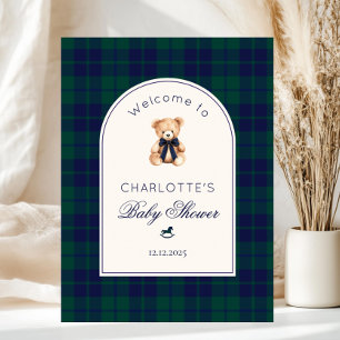 Teddybeer Preppy Geruite Welkom Baby Shower Poster