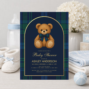 Teddybeer Preppy Jongen Baby Shower Blauwe Geruite Kaart