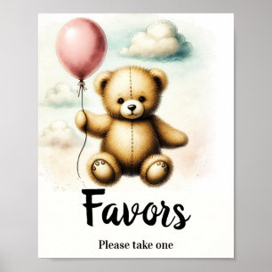 Teddybeer Roze Ballon Verjaardag Favor Teken Poster
