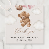 Teddybeer, roze ballonnen, eerste verjaardag bedankjes labels (Voorkant)