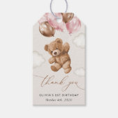 Teddybeer, roze ballonnen, eerste verjaardag cadeaulabel (Voorkant)
