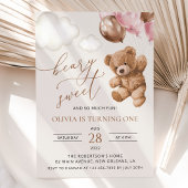 Teddybeer, roze ballonnen, eerste verjaardag kaart