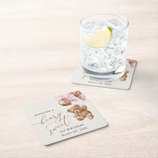 Teddybeer, roze ballonnen, eerste verjaardag vierkante kartonnen onderzetter (Insitu)