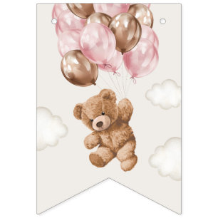 Teddybeer, Roze Ballonnen, Eerste Verjaardag Vlaggetjes