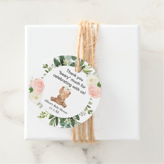 Teddybeer roze bloemenmeisje baby shower dank u bedankjes labels (In situ)