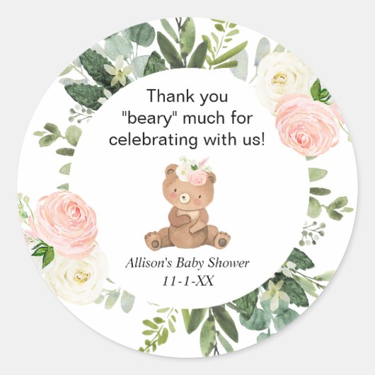 Teddybeer roze bloemenmeisje baby shower dank u ronde sticker (Voorkant)