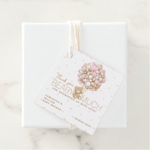 Teddybeer roze hart & ballon baby meisje douche bedankjes labels