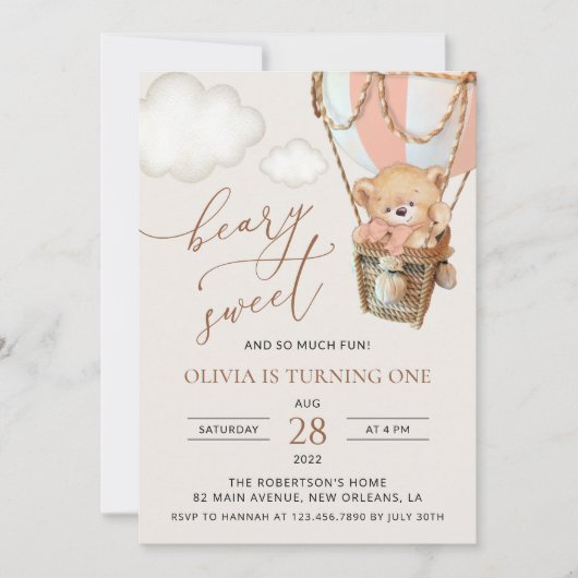 Teddybeer, Roze Heet Luchtballon, Eerste Verjaarda Kaart (Voorkant)