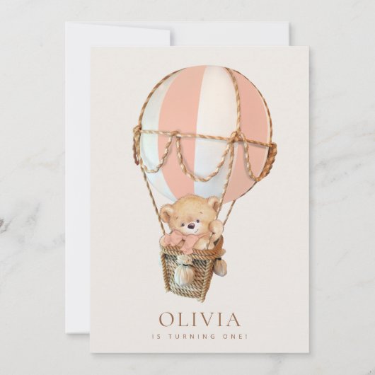 Teddybeer, Roze Heet Luchtballon, Eerste Verjaarda Kaart (Achterkant)