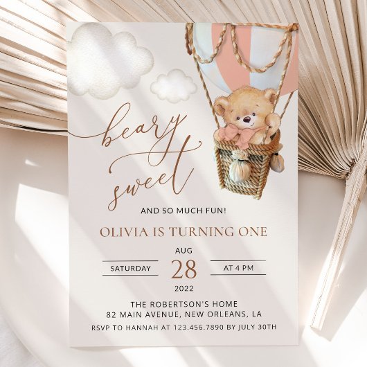 Teddybeer, Roze Heet Luchtballon, Eerste Verjaarda Kaart