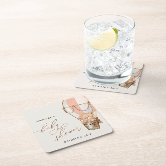 Teddybeer, roze heteluchtballon, Baby shower Vierkante Kartonnen Onderzetter (Insitu)