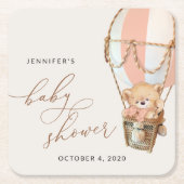 Teddybeer, roze heteluchtballon, Baby shower Vierkante Kartonnen Onderzetter (Voorkant)