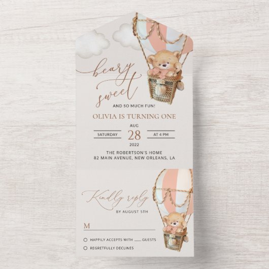 Teddybeer, roze heteluchtballon, eerste verjaardag all in one uitnodiging (Binnen)