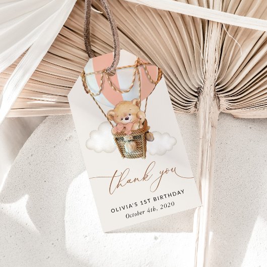 Teddybeer, roze heteluchtballon, eerste verjaardag cadeaulabel