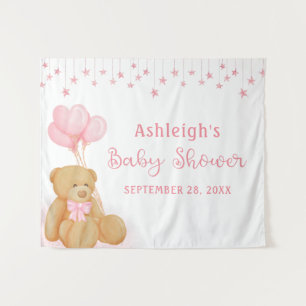 Teddybeer Roze Sterren Achtergrond Baby Shower Wandkleed