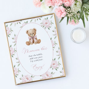 Teddybeer, Roze Strik, Roze Bloemen, Momosa Bar Poster