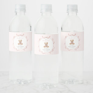 Teddybeer, Roze Strik, Roze Lint, Baby Shower Waterfles Etiket
