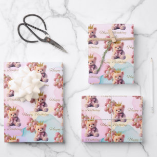 Teddybeer Roze Strikken Gouden Kroon Gelukkige Ver Inpakpapier Vel