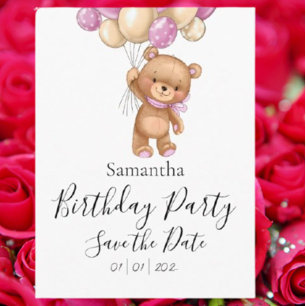 Teddybeer Roze Verjaardagsfeestje Save the Date Briefkaart