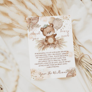Teddybeer Schattige Beige Pampas Baby shower Bedankkaart