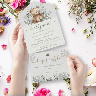 Teddybeer Schattige genderneutraal Baby Baby showe All In One Uitnodiging