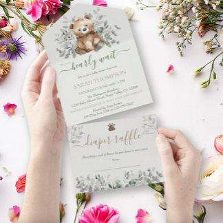 Teddybeer Schattige genderneutraal Baby Baby showe All In One Uitnodiging
