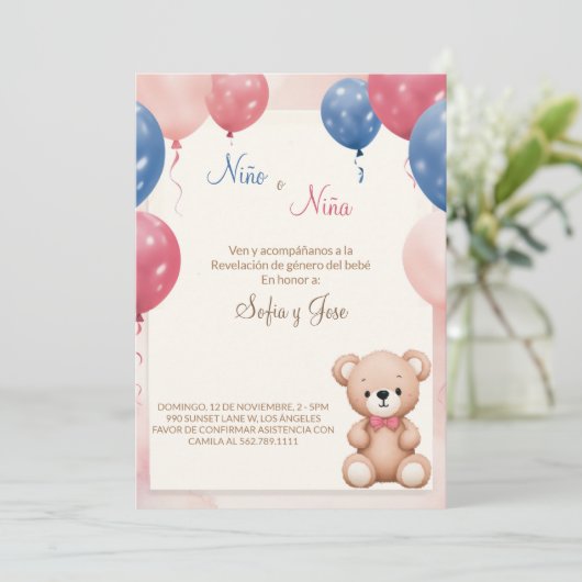 teddybeer spaans geslacht onthullen uitnodiging (Staand voorkant)