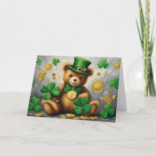 Teddybeer St.Patrick's Day met Klaver en Gouden Mu Feestdagen Kaart