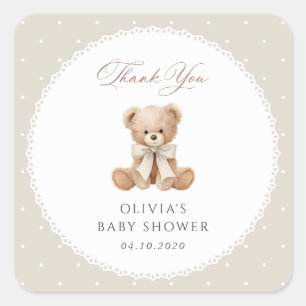 Teddybeer, Strik, Beige Stippen, Baby Shower Vierkante Sticker
