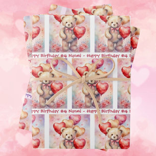 Teddybeer Verjaardagsballonnen Naam & leeftijd kin Inpakpapier Vel