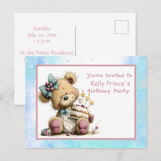 Teddybeer Verjaardagsuitnodiging Baby Meisje Briefkaart (Voorkant / Achterkant)
