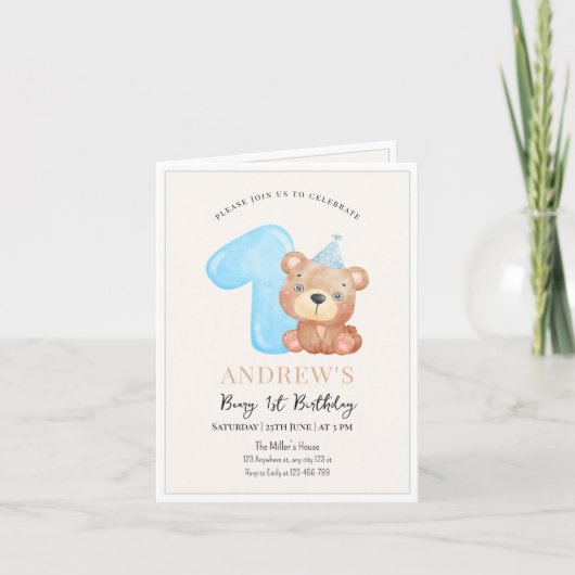 Teddybeer verjaardagsuitnodiging, minimalistisch b (Voorkant)