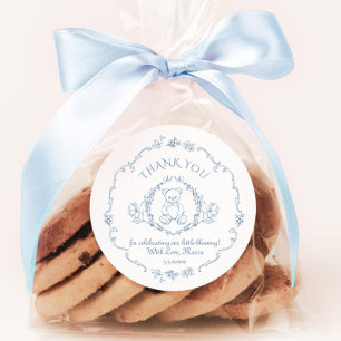 Teddybeer Vintage Toile babyshower Bedankt Ronde Sticker