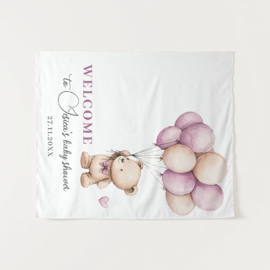 Teddybeer Violet Dusty Roze Beige Ballonnen Wandkleed (Voorkant (horizontaal))