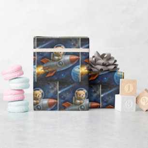 Teddybeer vliegend in een raket cadeaupapier