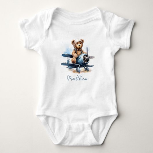 Teddybeer Vliegtuig Aquarel Cadeau voor Babyfeestj Romper (Voorkant)