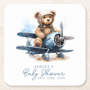 Teddybeer Vliegtuig Aquarel Jongen Baby Shower Vierkante Kartonnen Onderzetter