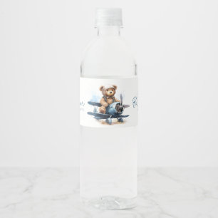 Teddybeer Vliegtuig Aquarel Jongen Baby Shower Waterfles Etiket
