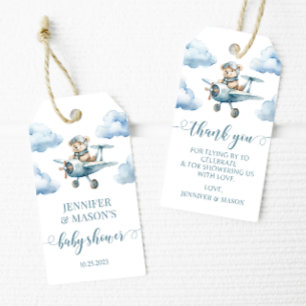 Teddybeer vliegtuig baby shower dank u labels cadeaulabel