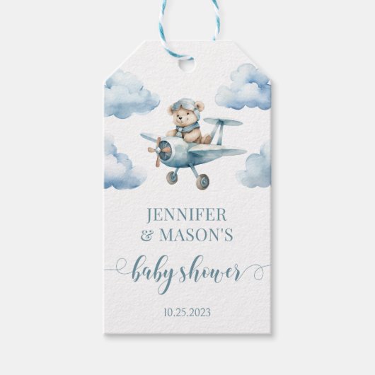 Teddybeer vliegtuig baby shower dank u labels cadeaulabel (Voorkant)