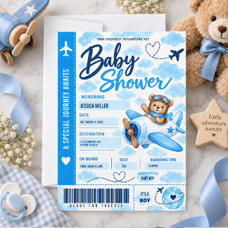 Teddybeer vliegtuig instapkaart jongetje baby show kaart
