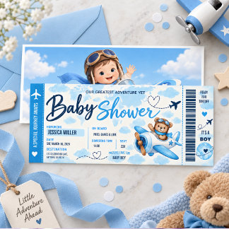Teddybeer vliegtuig instapkaart jongetje baby show kaart