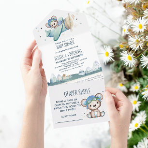 Teddybeer Vliegtuig Luier Raffle en Baby Shower All In One Uitnodiging