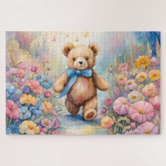 Teddybeer wandelen in een pasteltuin legpuzzel (Horizontaal)