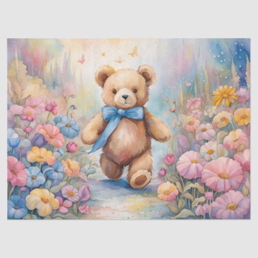 Teddybeer wandelen in een pasteltuin tissuepapier (Voorkant)