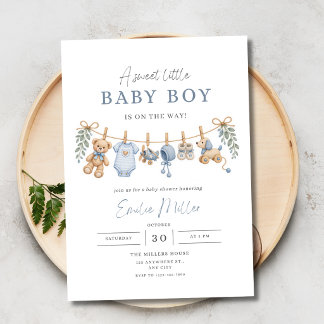 Teddybeer Waslijn Jongen Baby Shower Minimalistisc Kaart