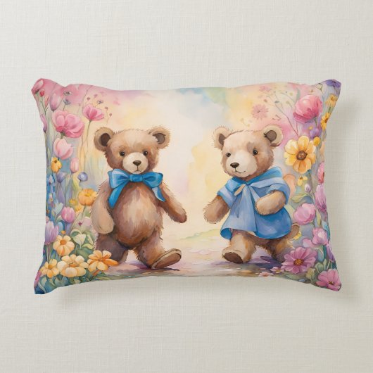 Teddyberen in een pasteltuin accent kussen (Voorkant)