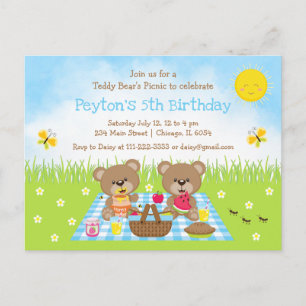 Teddyberenpicknick Blauw Gingham Verjaardag Briefkaart