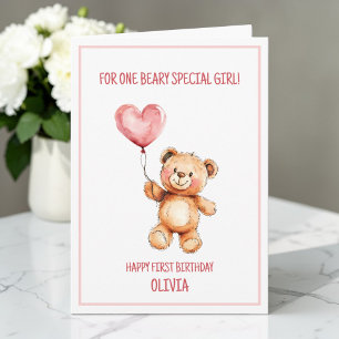 Teddychtedron Roze Ballon Gelukkig 1e Verjaardag Kaart